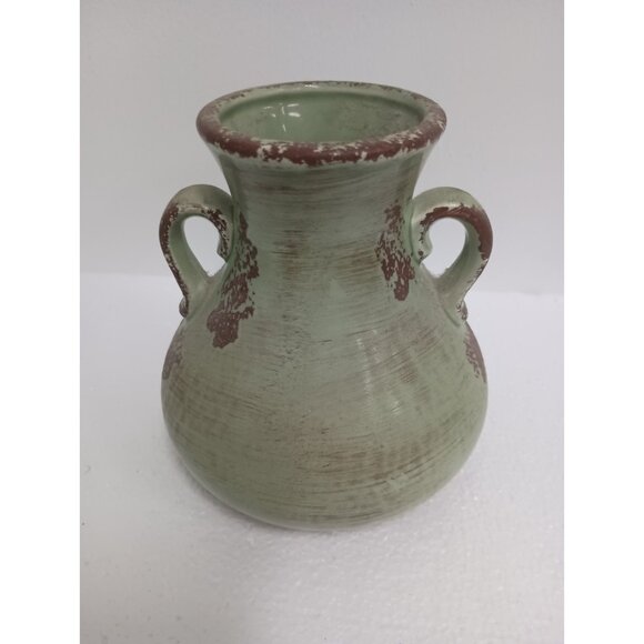 Vintage Italian Pottery Clay Double Handled Mint Green Vase Rustic Mid Century - Picture 2 of 10